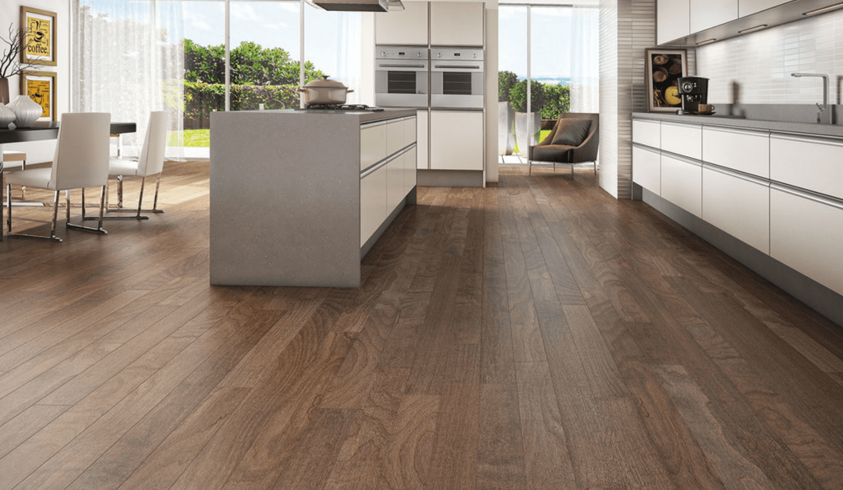 Large, bright modern kitchen with luxurious hardwood floor.