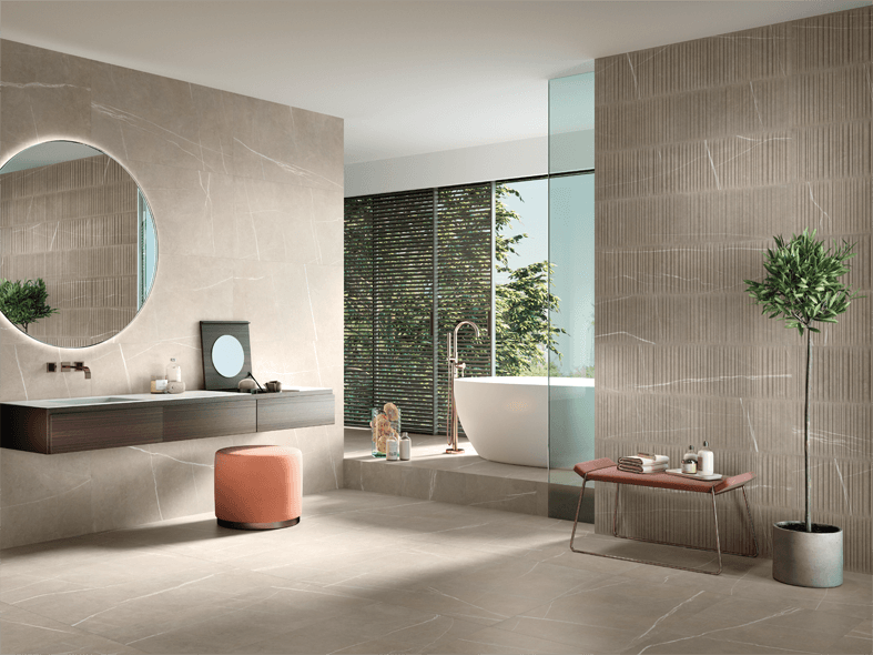 Light grey tiles in a modern minimalist interior bathroom