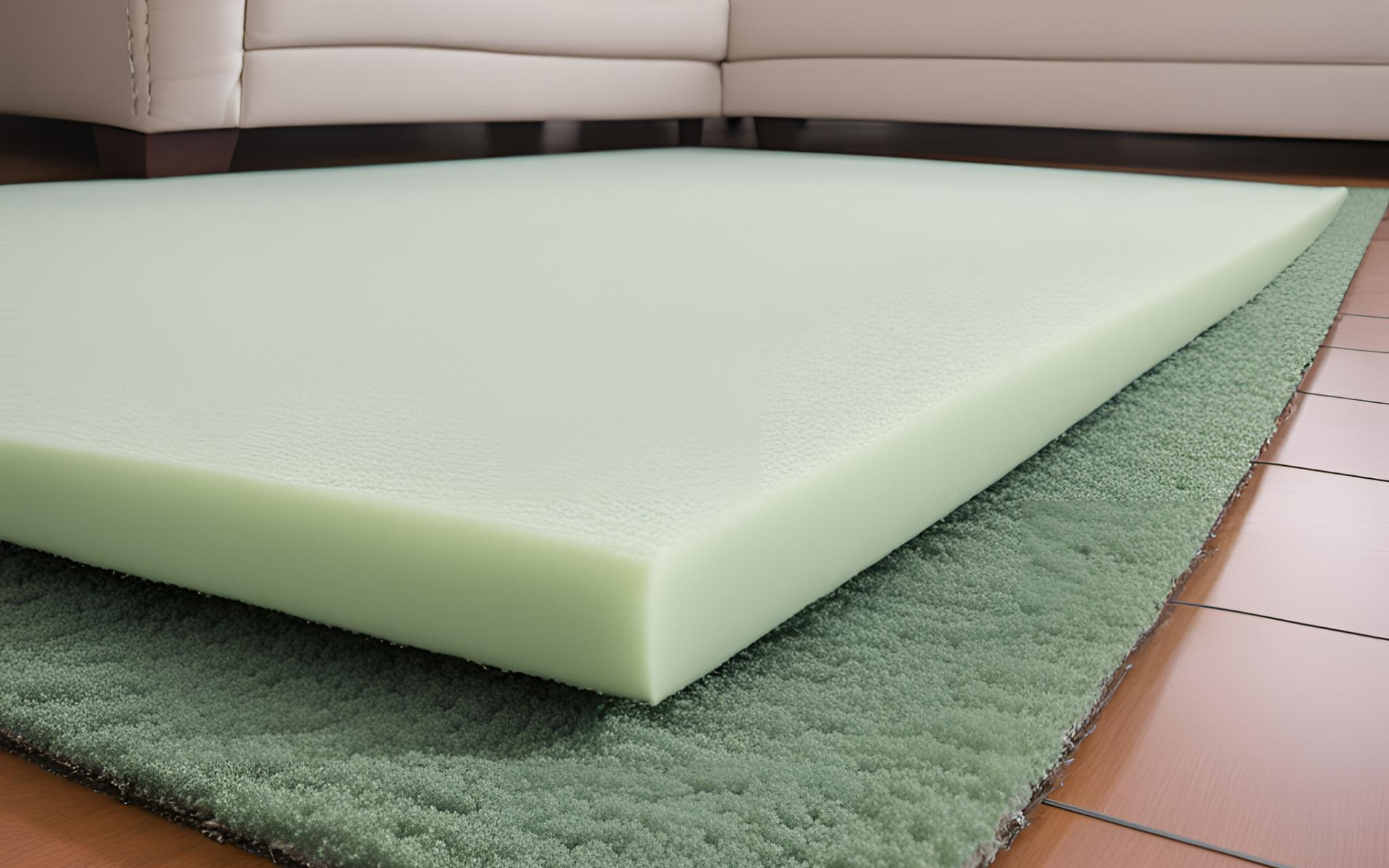 A piece of memory foam is sitting on a rug next to a couch.