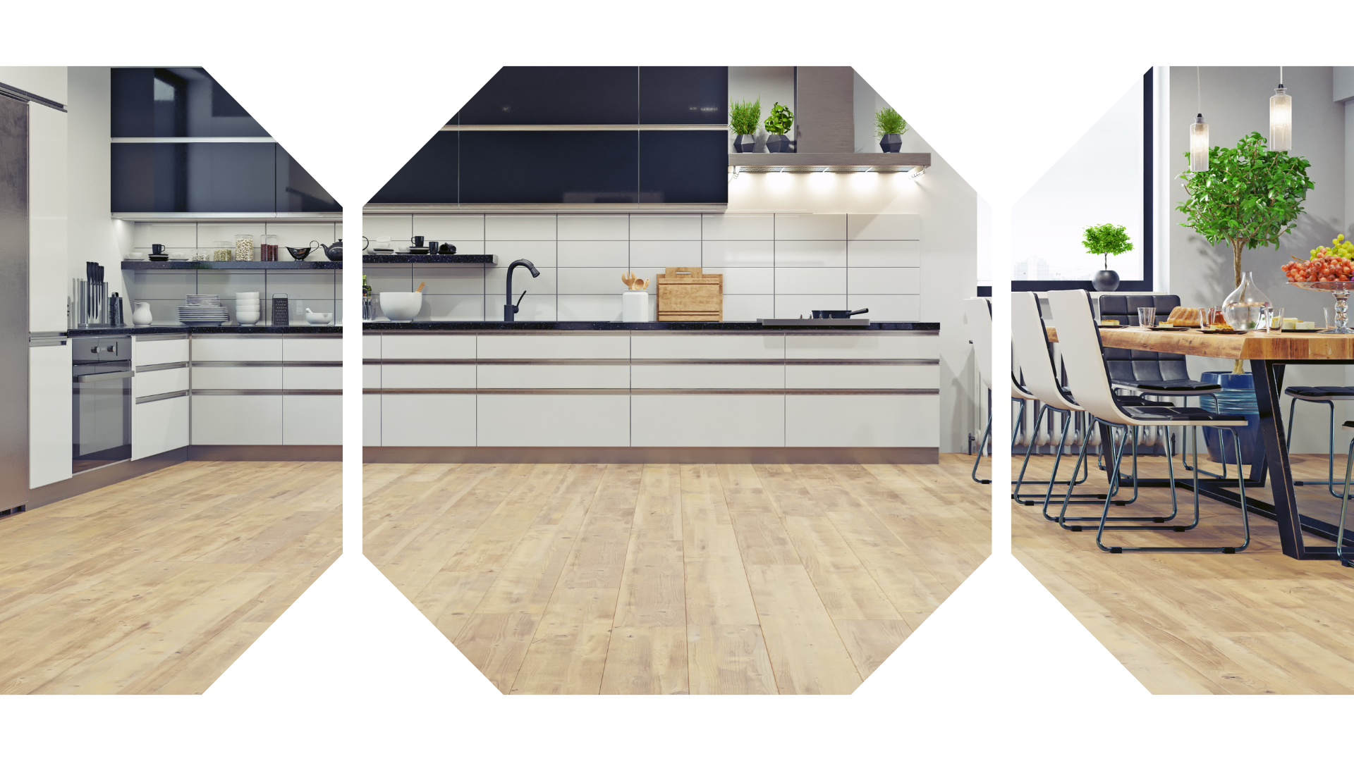 A kitchen with a wooden floor and a dining room with a wooden table and chairs.