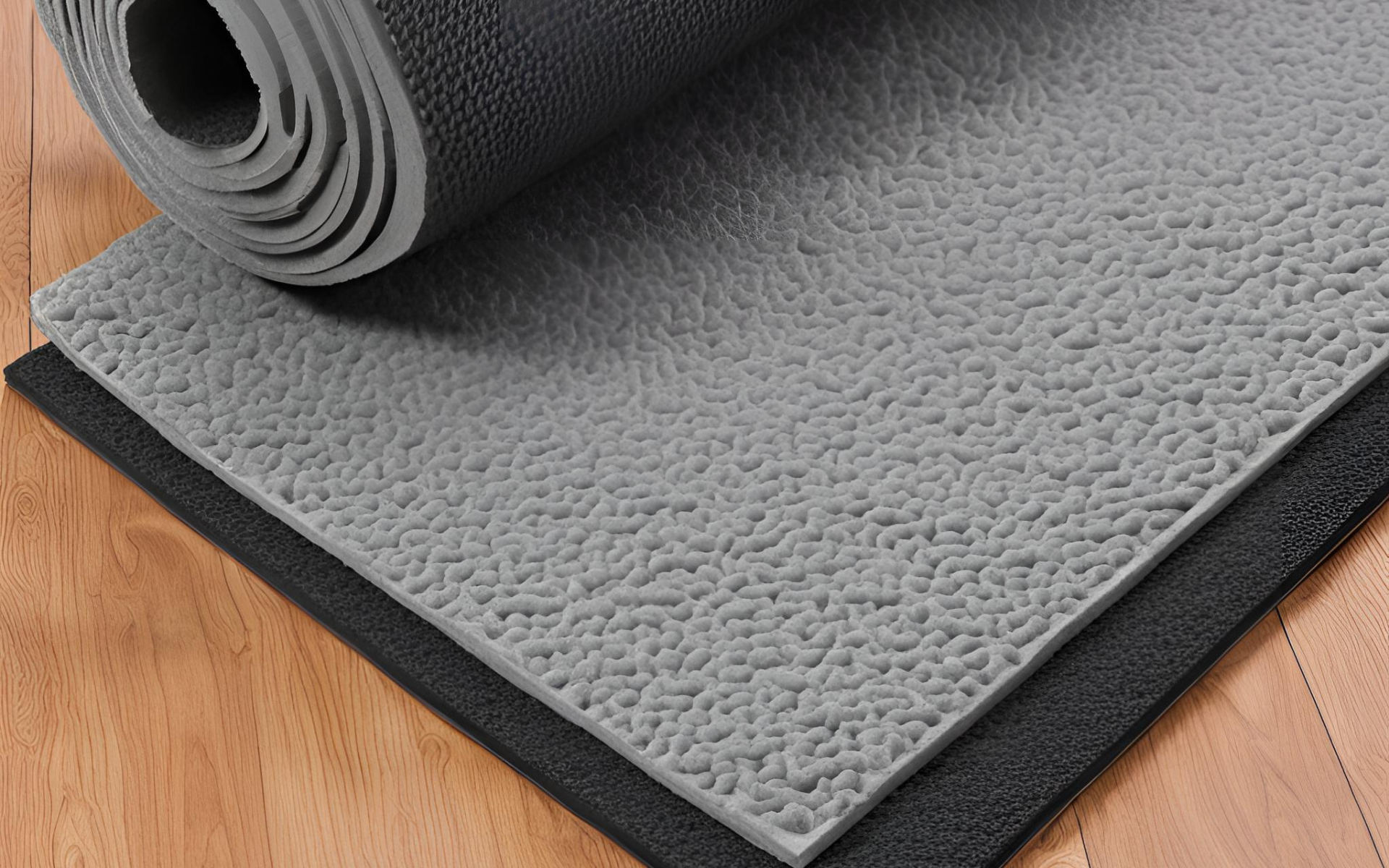 A gray rubber carpet pad is rolled up on top of a black mat on a wooden floor.