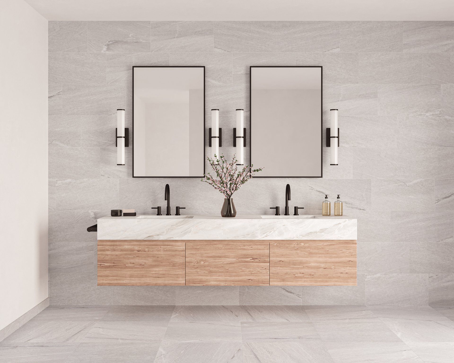Modern bathroom vanity over large format tiles
