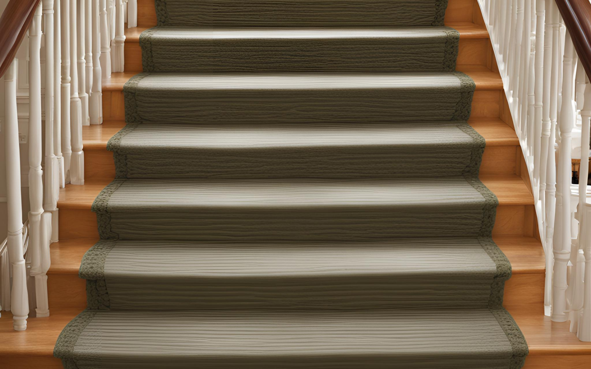 A staircase with a green carpet on the steps and a white railing.