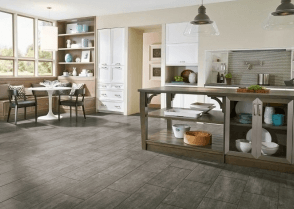 gray ash laminated floor in the home kitchen