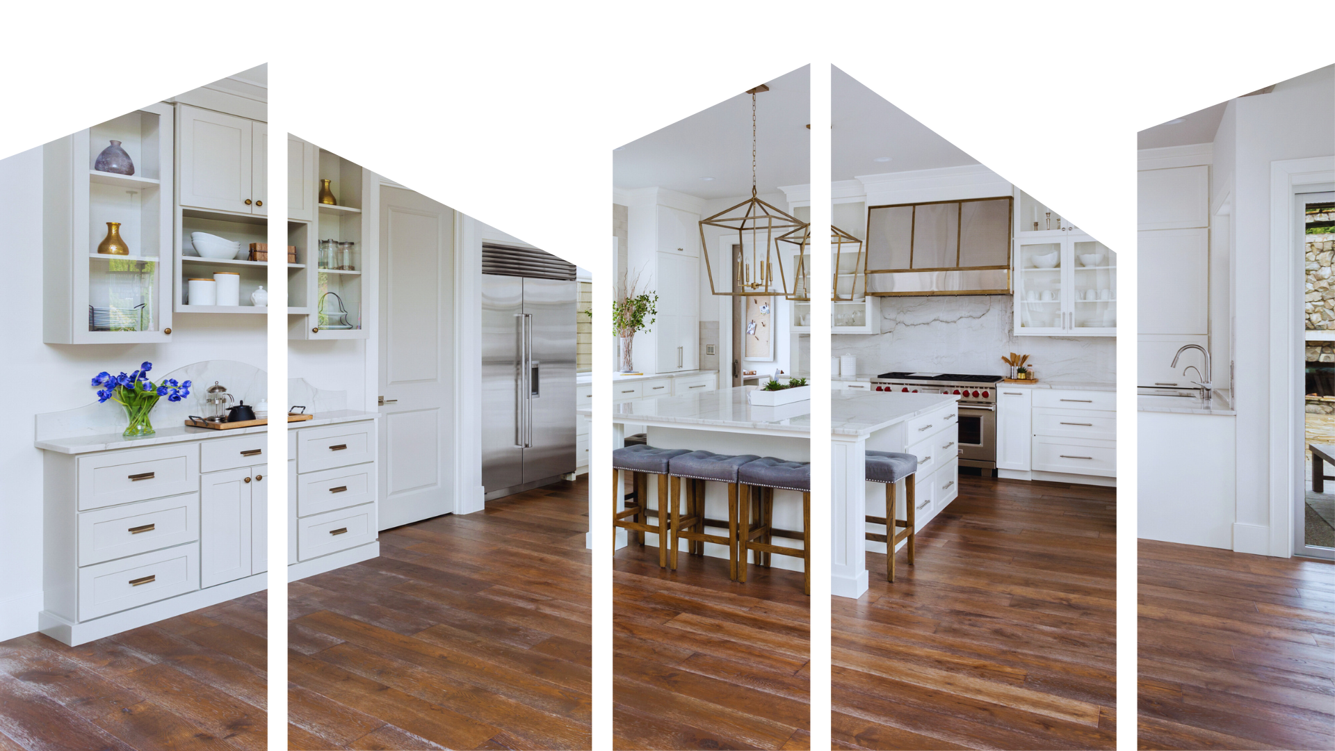 A collage of pictures of a kitchen with hardwood floors and white cabinets.