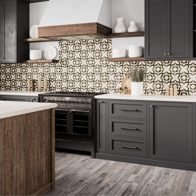 kitchen walls with pattern tiles and wood textured floor tiles