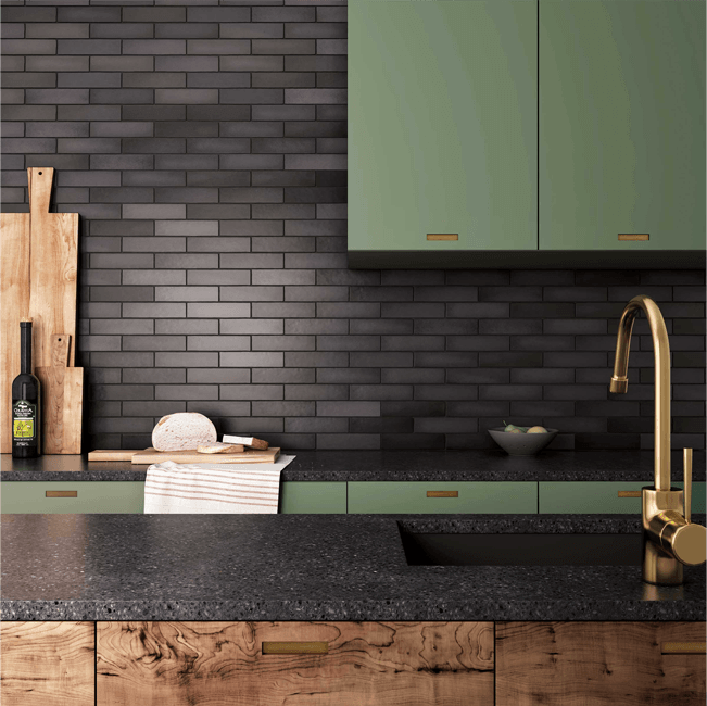 modern rustic kitchen with black subway tiles
