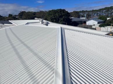 White Metal Roof With Ridges and Central Gutter, Sunny Outdoor Setting — Venom Roofing Pty Ltd in Sunshine Coast, QLD