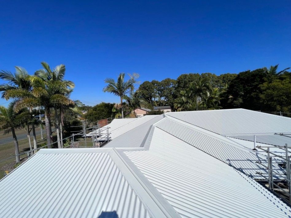 White Metal Roof With Palm Trees and Blue Sky — Venom Roofing Pty Ltd in Sunshine Coast, QLD