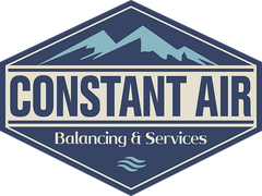 Logo for Constant Air, a balancing and services company. Dark blue with mountains and three wavy lines.