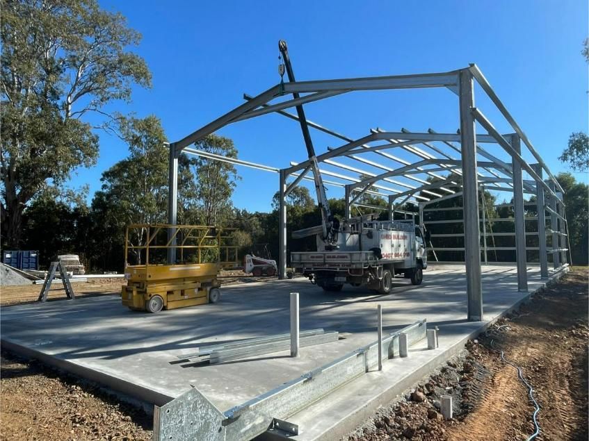 Steel Frame of a Large Shed Under Construction — Bridgey's Constructions in Laurieton, NSW