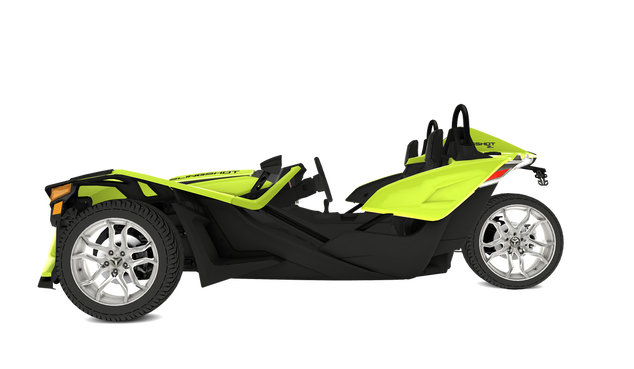 A yellow and black slingshot motorcycle on a white background.