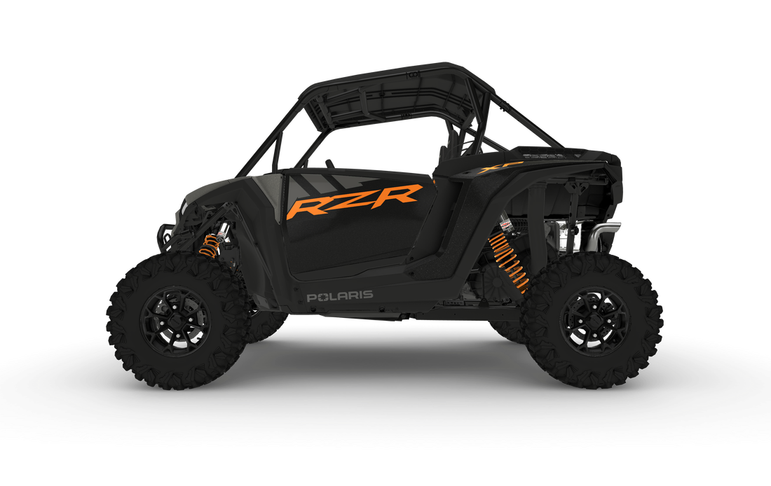 A black and orange atv on a white background.