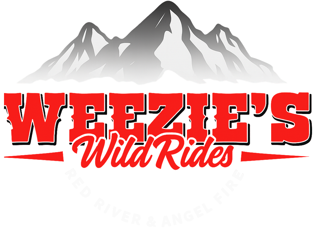 A logo for weezie 's wild rides with mountains in the background