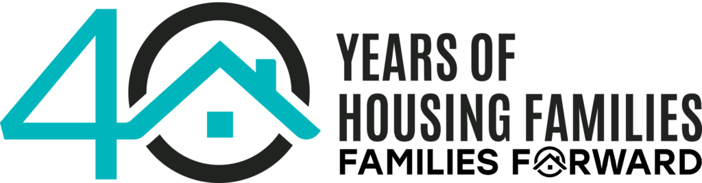 The logo for 40 years of housing families is blue and black.