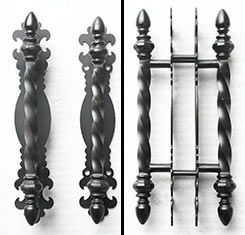 A black and white photo of three different types of door handles.