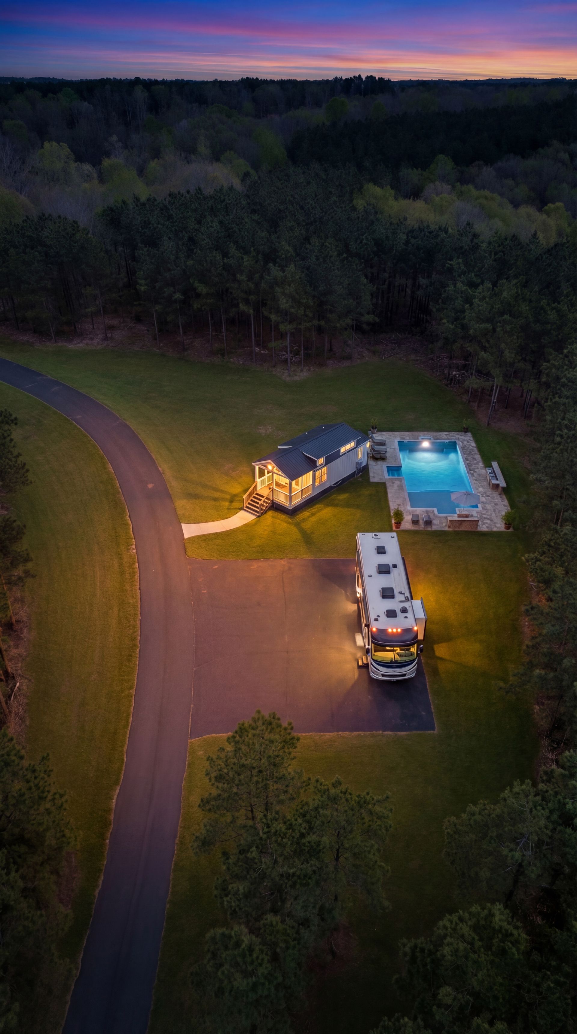 Aerial view of a lit RV and pool area at dusk beside a winding road and forest.