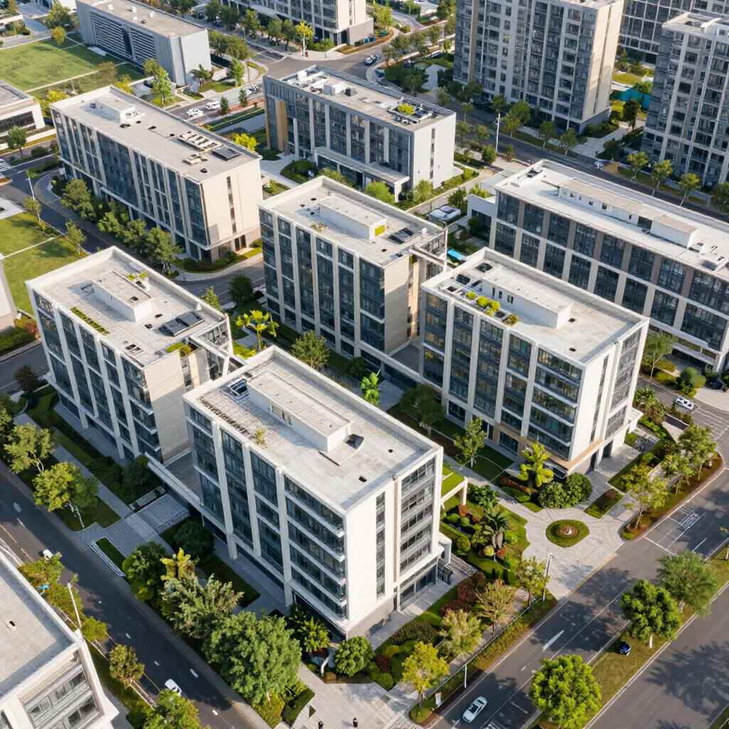 Aerial view of modern buildings with white exteriors, surrounded by green lawns and roads.