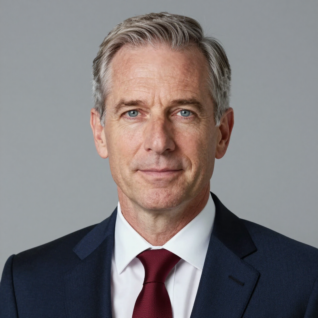 Man in a suit, looking at the viewer. He has short, gray hair, and a dark red tie.