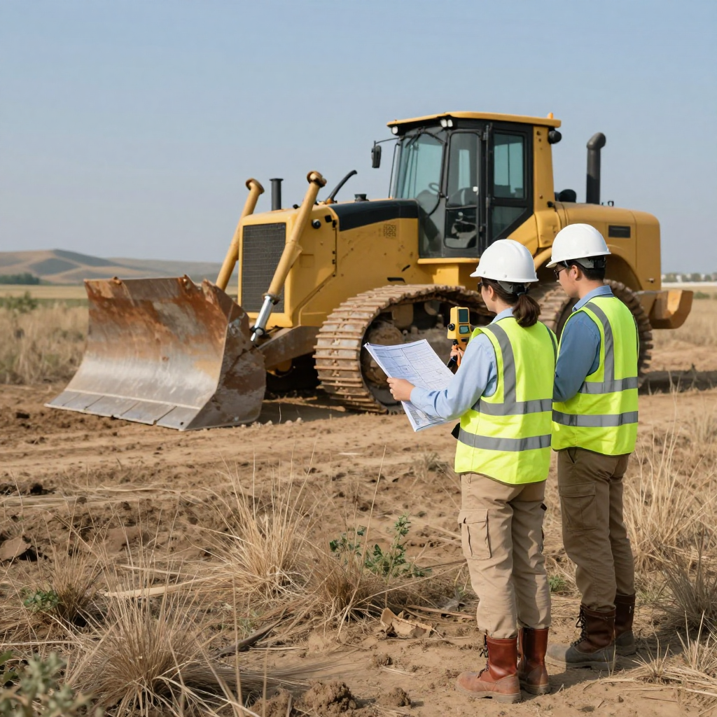 Two people in safety vests and hard hats reviewing blueprints near a yellow bulldozer on a construction site.