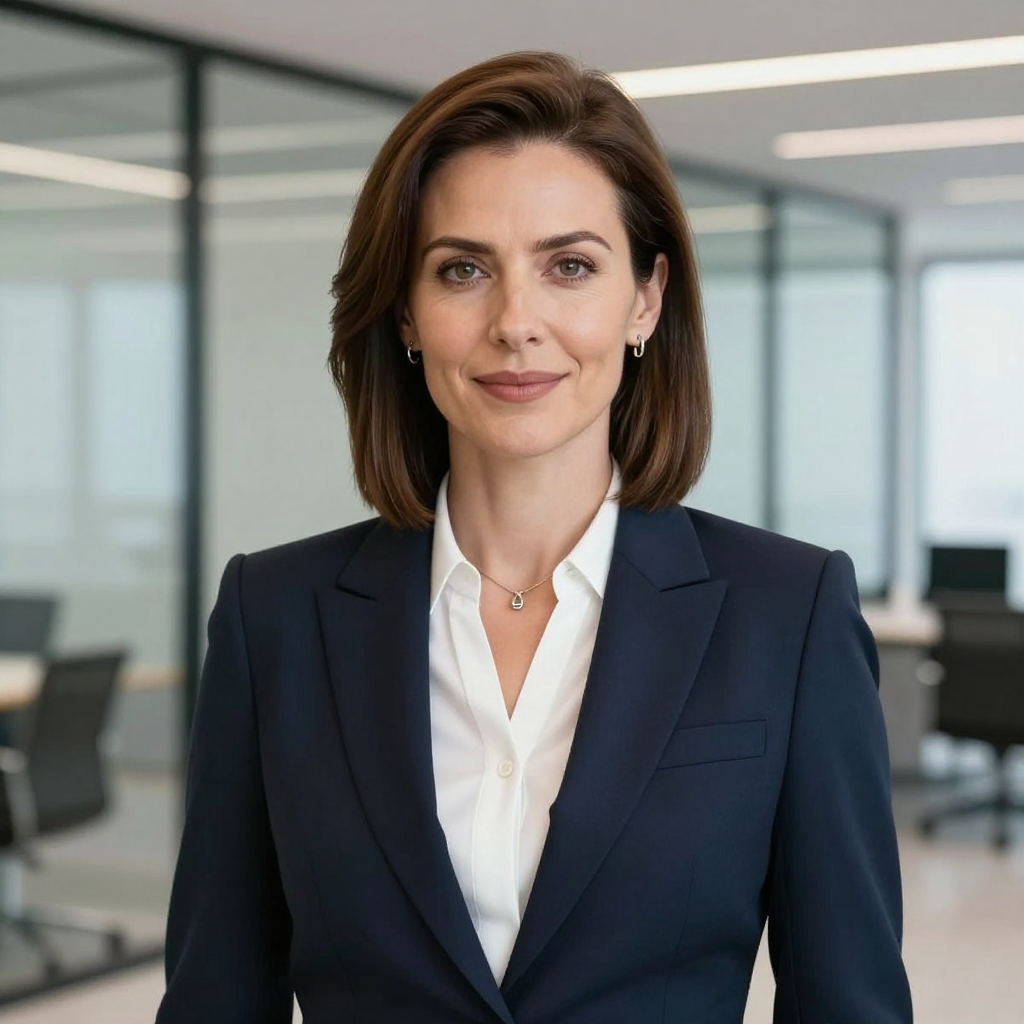 Woman in a navy suit and white shirt, smiling, in a modern office setting.