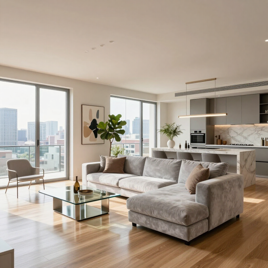 Modern living room with a gray sectional sofa, open kitchen, and city views.