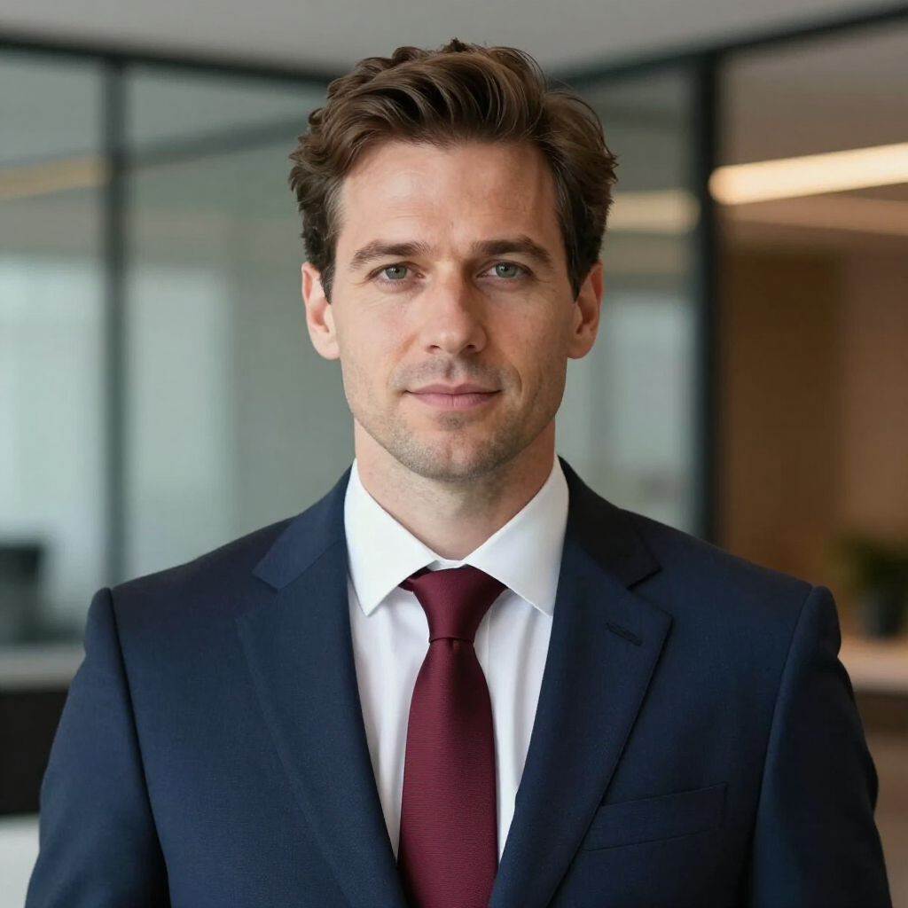 Man in navy suit, maroon tie, looks directly at the camera in an office setting.