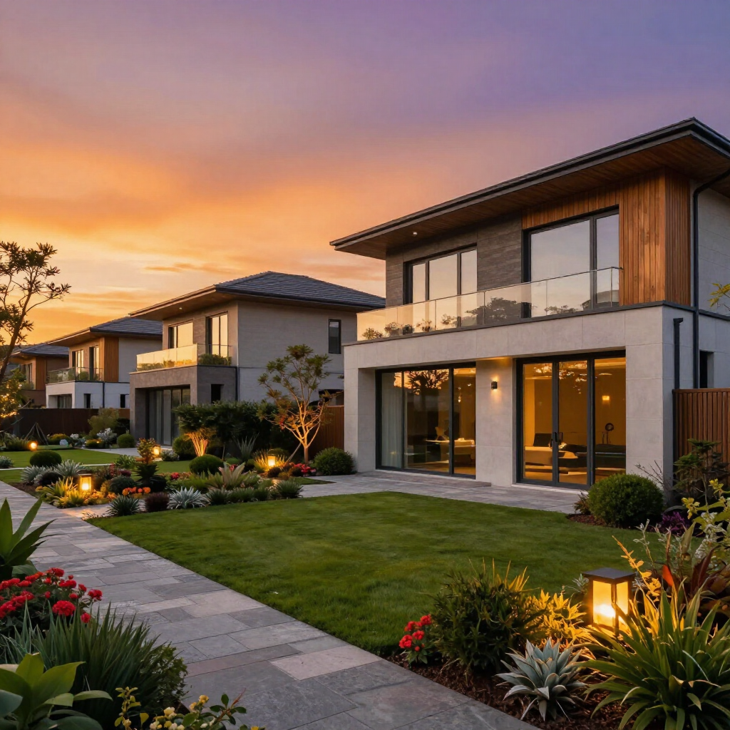 Modern houses with lit landscaping at sunset.