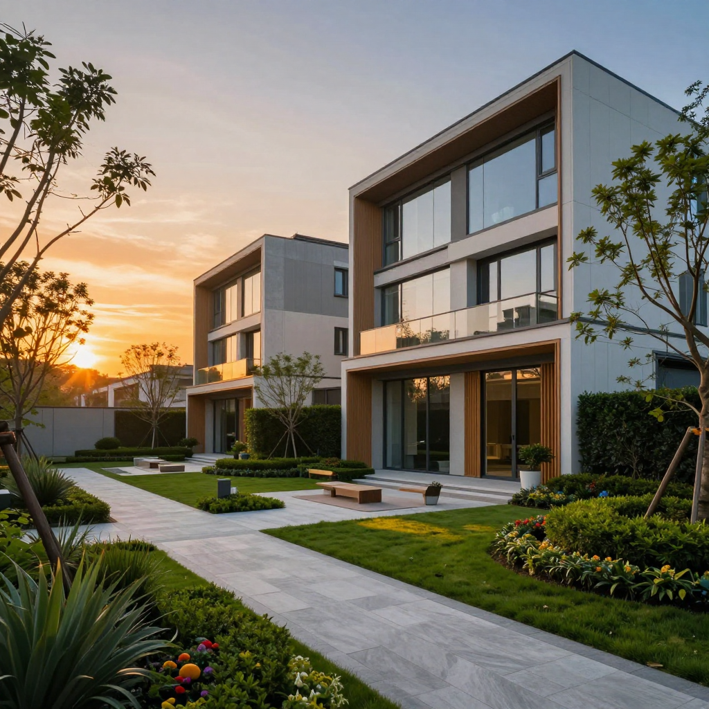 Modern townhouses at sunset, with landscaped yards, walkways, and large windows.