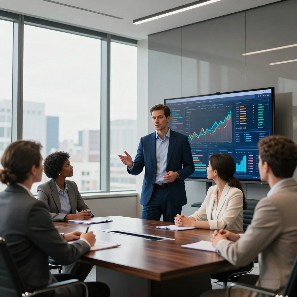 Business meeting in a modern office; man presenting data on a large screen to colleagues seated at a conference table.