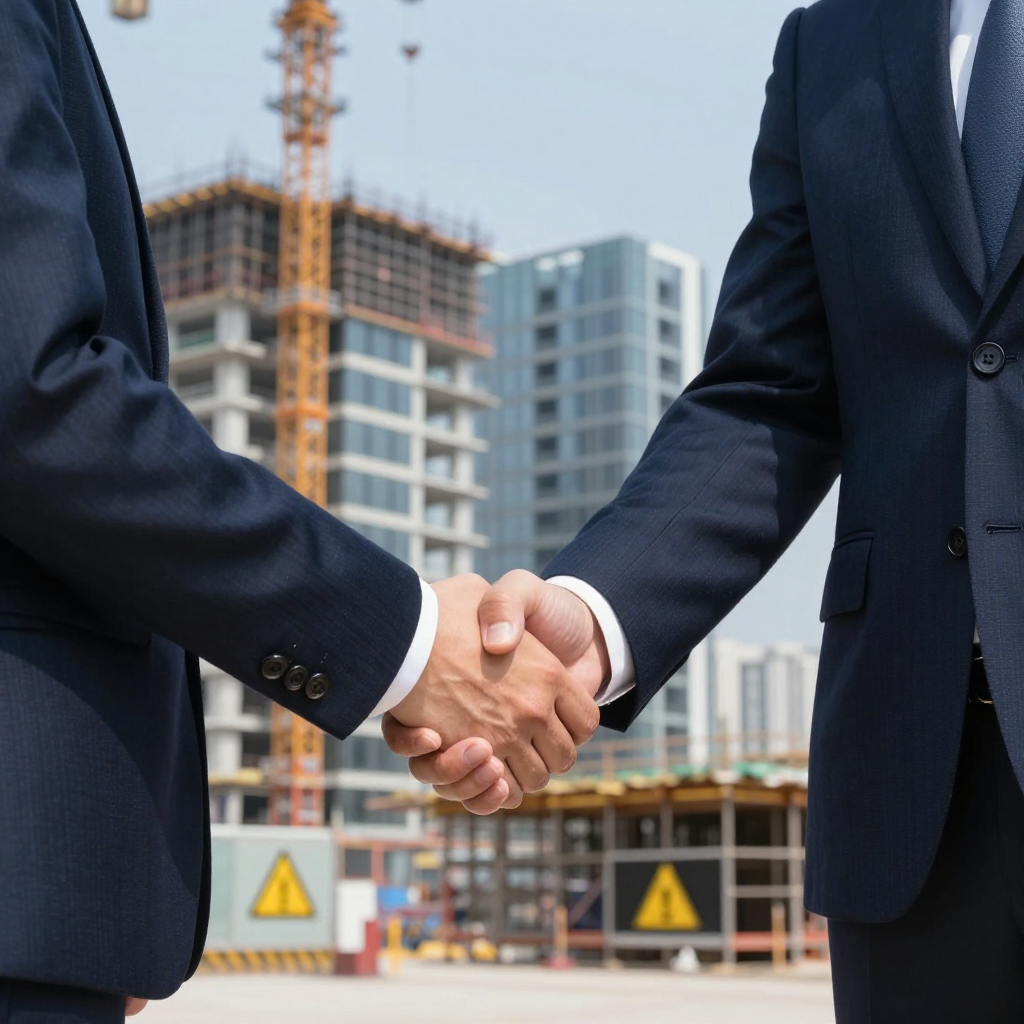 Two men in suits shaking hands in front of a construction site.