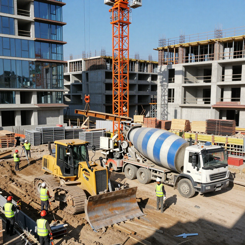 Construction site with crane, bulldozer, cement mixer, and workers in yellow vests.