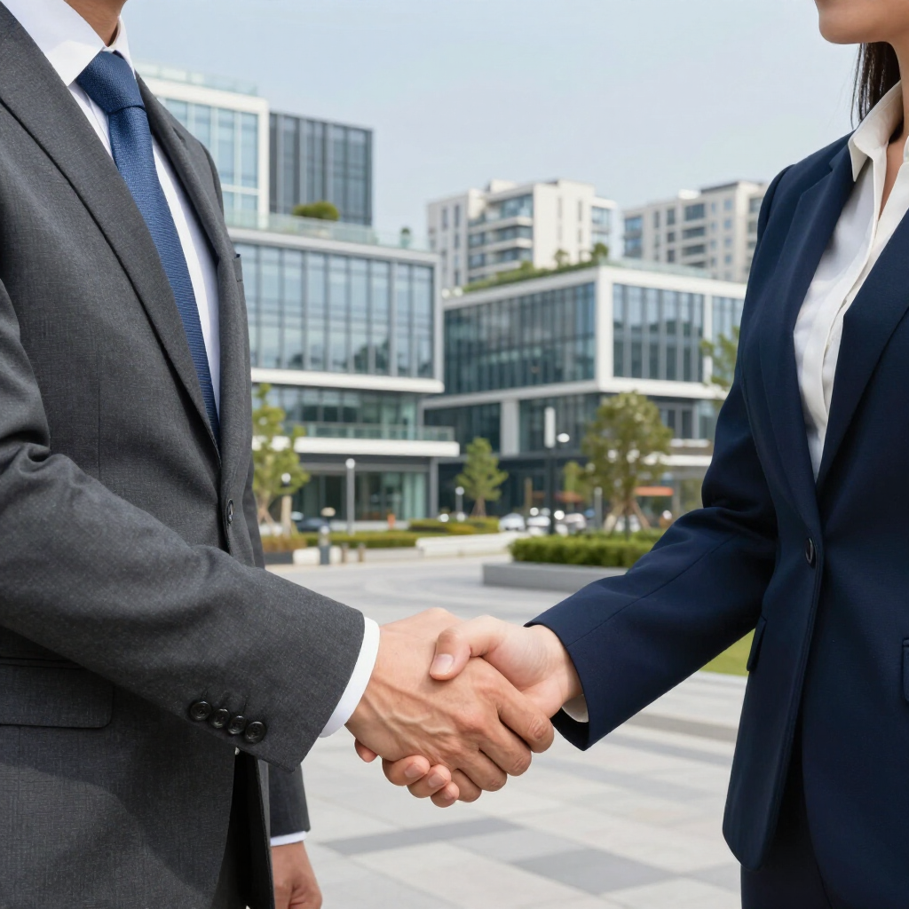 Two people in business suits shaking hands in front of modern buildings.