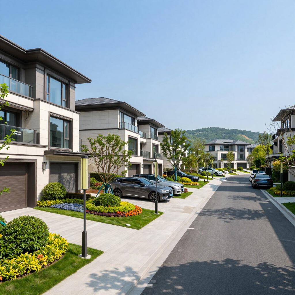 Row of modern townhomes on a sunny street, cars parked in front, trees and landscaping.