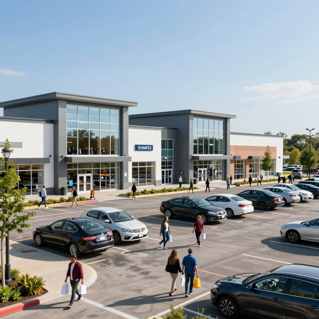 Shopping center exterior with parked cars and people walking. Bright, sunny day.