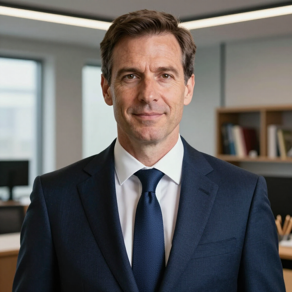 Man in a dark suit and tie, smiling, in an office setting.