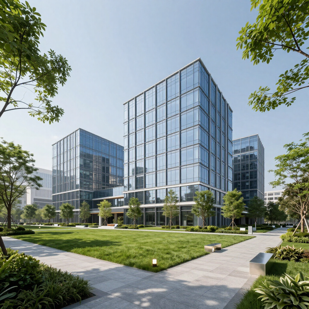 Modern glass office buildings with surrounding green space on a sunny day.
