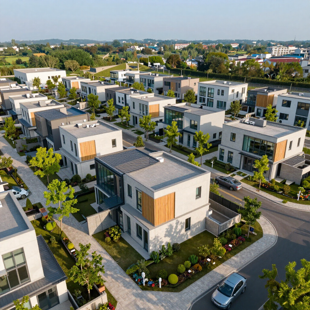Aerial view of modern, gray and wood-accented townhouses in a planned community with green landscaping and streets.