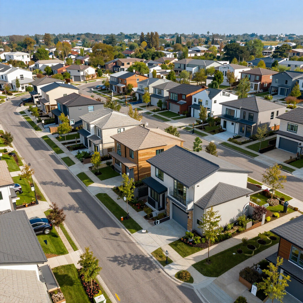 Aerial view of a suburban neighborhood with modern houses and tree-lined streets on a sunny day.