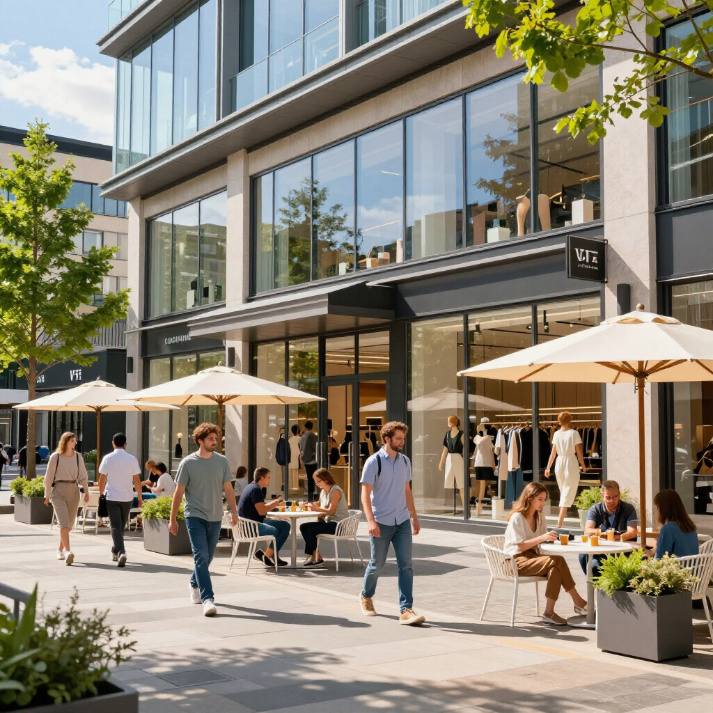 People walking and sitting at outdoor tables outside a store with large windows. Bright, sunny day.