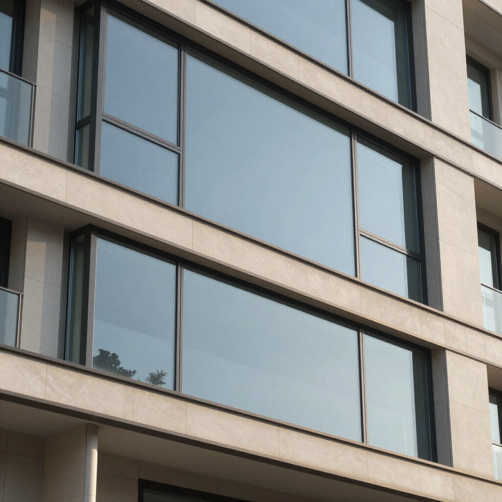 Modern building facade with large glass windows and light-colored stone.