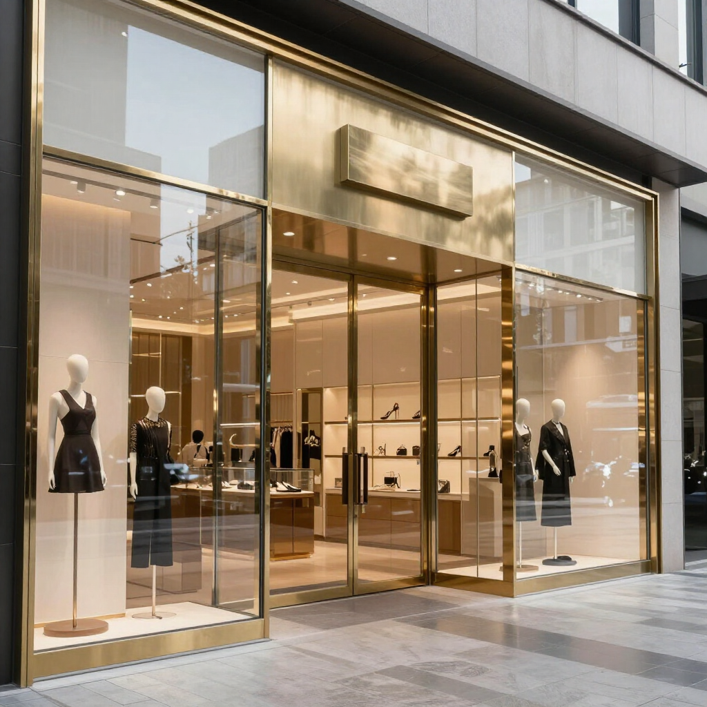 Exterior of a luxury boutique store with gold trim, glass windows, and mannequins displaying clothing.