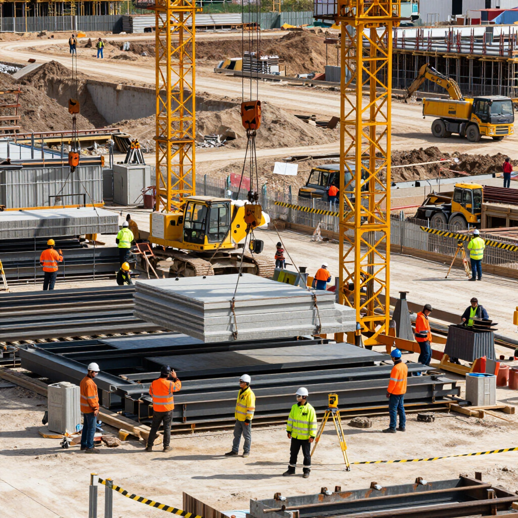 Construction site with workers, cranes, and heavy machinery, placing large concrete slabs.