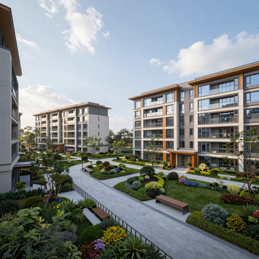 Apartment complex with landscaped courtyard, walkways, gardens, and benches under a blue sky.