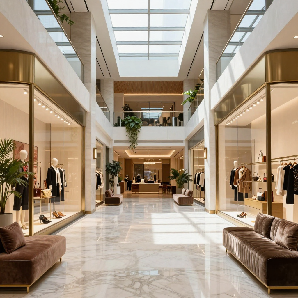 Inside of a luxury shopping mall. Sunlight streams from a large skylight. Retail stores line the sides, with brown couches.