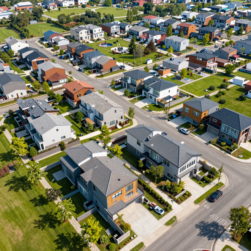 Aerial view of a residential neighborhood with houses, streets, and green lawns on a sunny day.