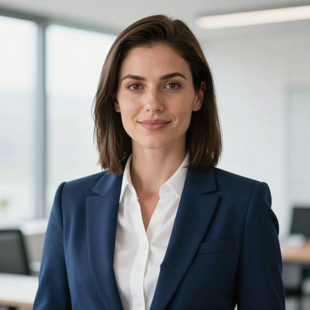 Woman in a navy blazer and white shirt smiles in an office setting.