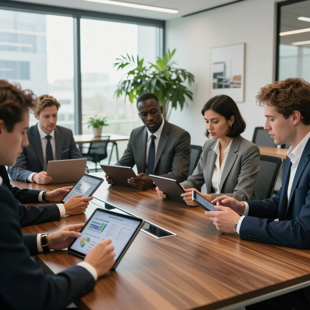 Business meeting: six people in suits around a table looking at tablets and a laptop in a modern office.