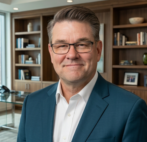 Man in blue suit and glasses smiles, posing in front of a bookshelf in an office.