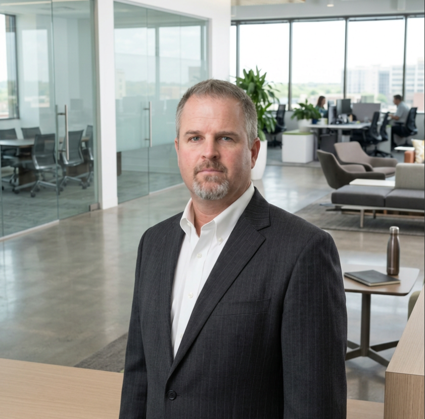 Man in dark suit and white shirt, smiling, in front of a blurry window backdrop.
